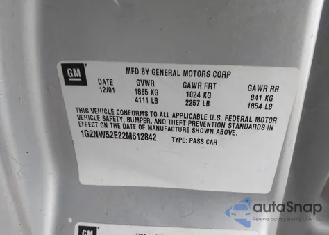 2002 Pontiac Grand Am Gt z USA, uszkodzony, nr VIN 1G2NW52E22M612842